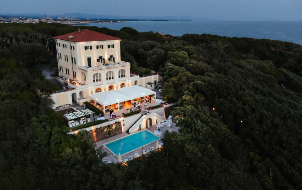 Aerial shot of the wedding venue Villa Parisi in Italy.