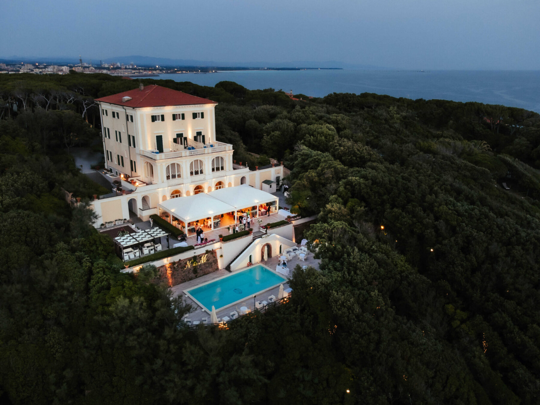 Aerial shot of the wedding venue Villa Parisi in Italy.