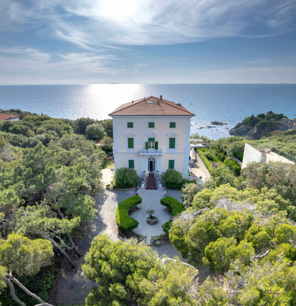 Aerial shot of wedding venue Villa Parisi looking out onto the sea