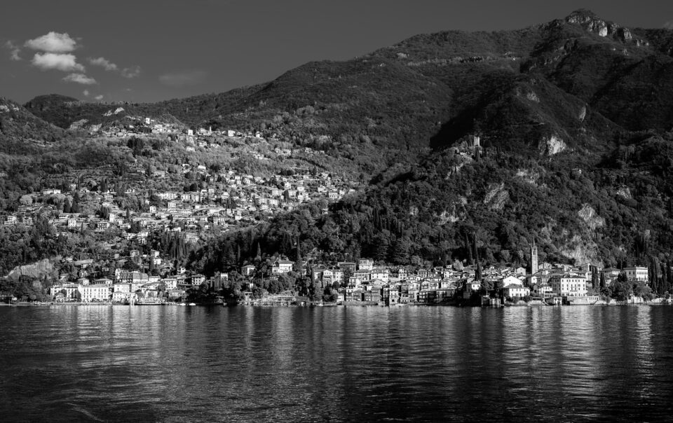 Drone shot in black and white of Lake Como and its countless wedding villas