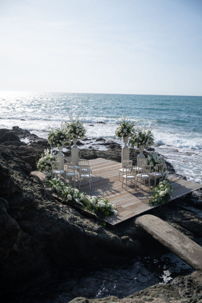 Floral arrangements on a platform for a wedding in Tuscany